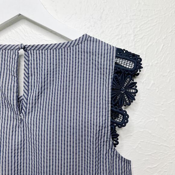 CAbi Crochet Flutter Sleeve Top Seersucker Blue White Striped #5727 Sz S - Picture 7 of 9